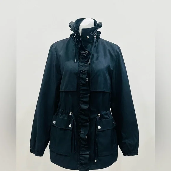 Betsy Johnson Women’s S Black Ruffle Trim Trench Coat‎ Adjustable Waist - Picture 3 of 14